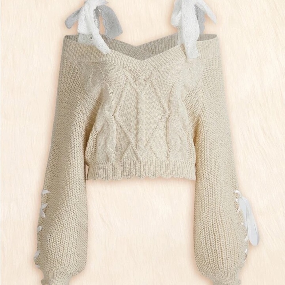 Kawaii Cable Knit Lace Up Cold Shoulder Sweater
